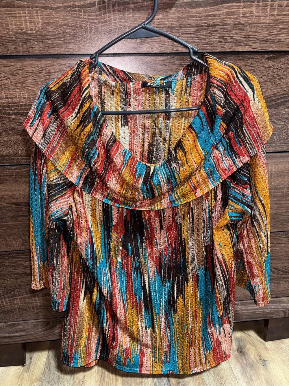Project Multicolor Striped Ruffle-Collar Blouse in Teal, Mustard & Red